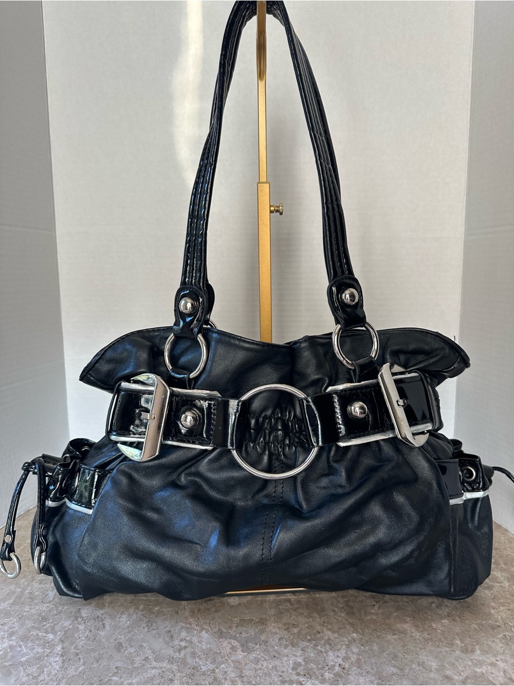 Black Belted Slouchy Shoulder Bag Patent O-Ring Buckle Biker Grunge Glam Purse